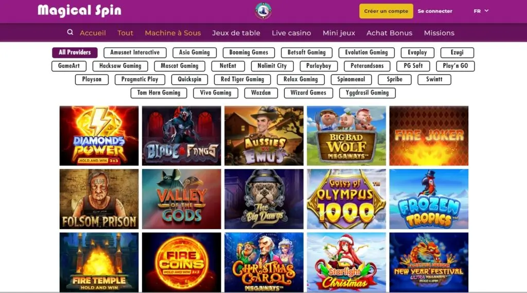 Découvrez tous les jeux et providers disponible pour les joueurs sur Magical Spin