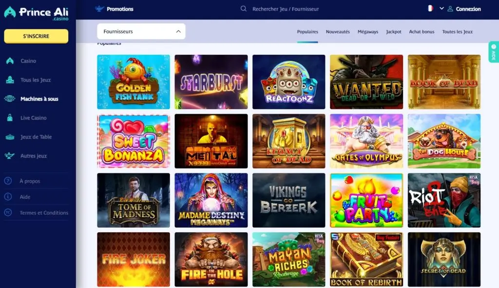 Découvrez tous les jeux et providers disponible sur Prince Ali